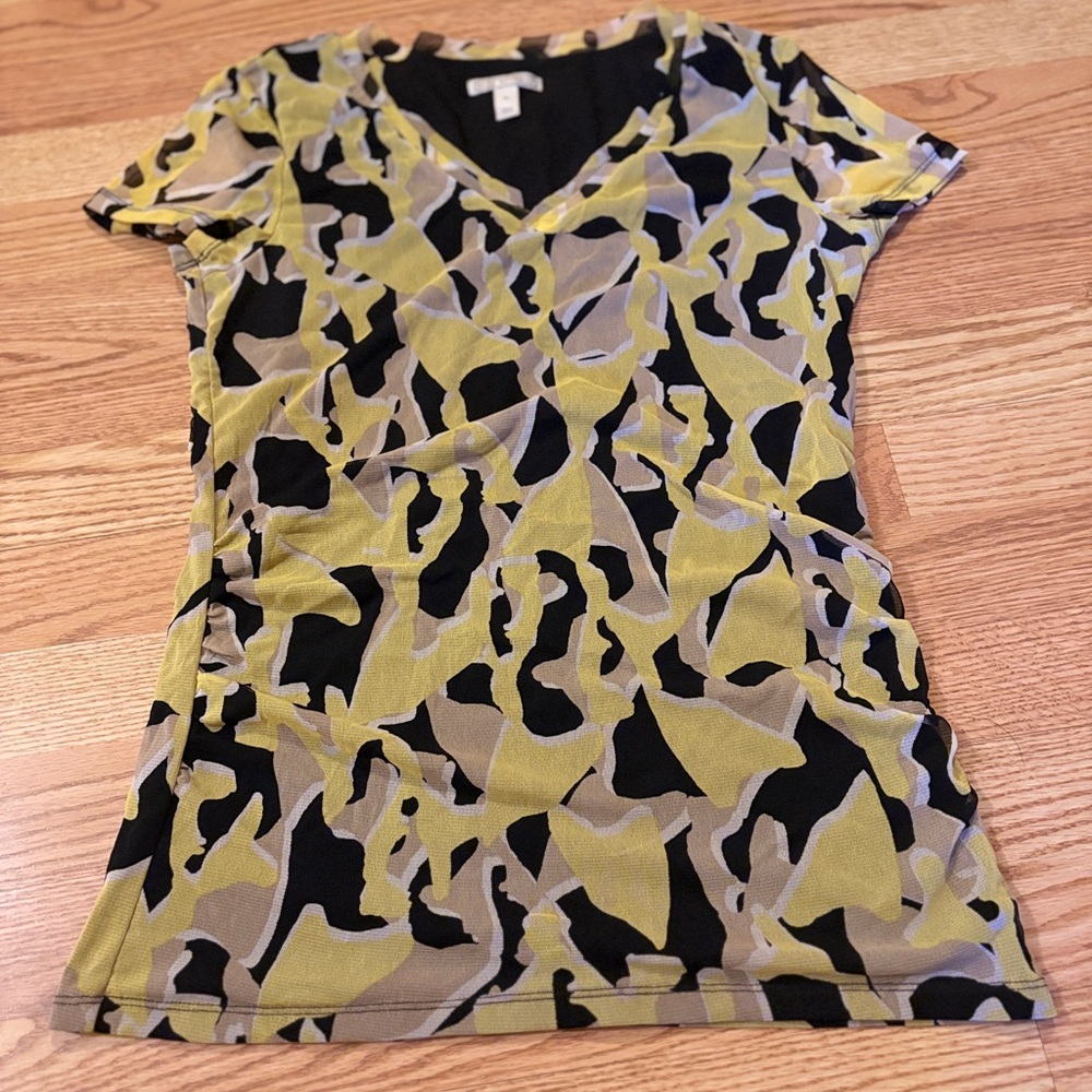 Dana Buchman Yellow and Black Camouflage V-Neck Top
